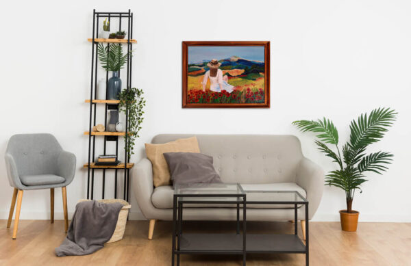 Pipacsok között nyári tájkép olajfestmény keretben eladó interior