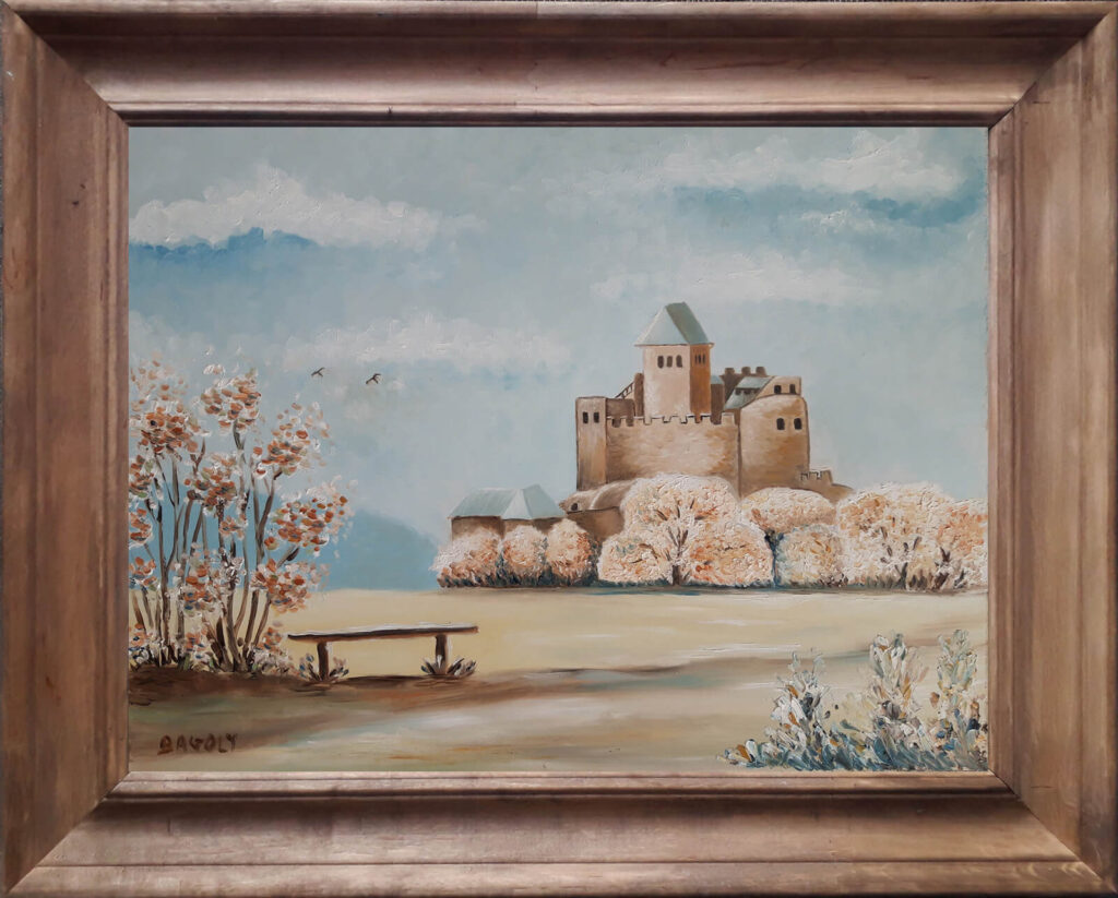 Hollókői vár télen festmény barna fa keretben