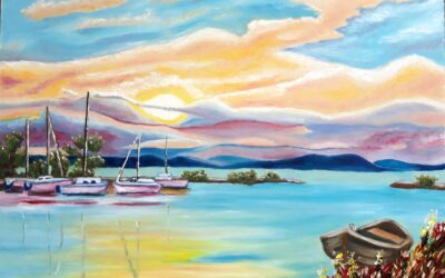 Balatoni napfelkelte a badacsonyi kikötőben - olaj festmény