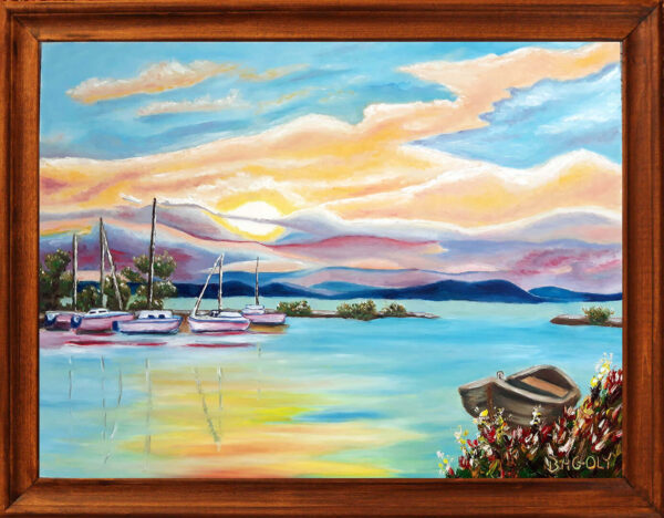 Balatoni napfelkelte a badacsonyi kikötőben - olaj festmény barna keretben